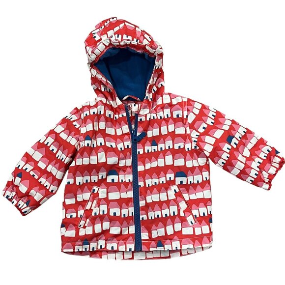 Baby Mini Boden 6-12 Mo Red Hooded Jacket With House Print & Blue Lining